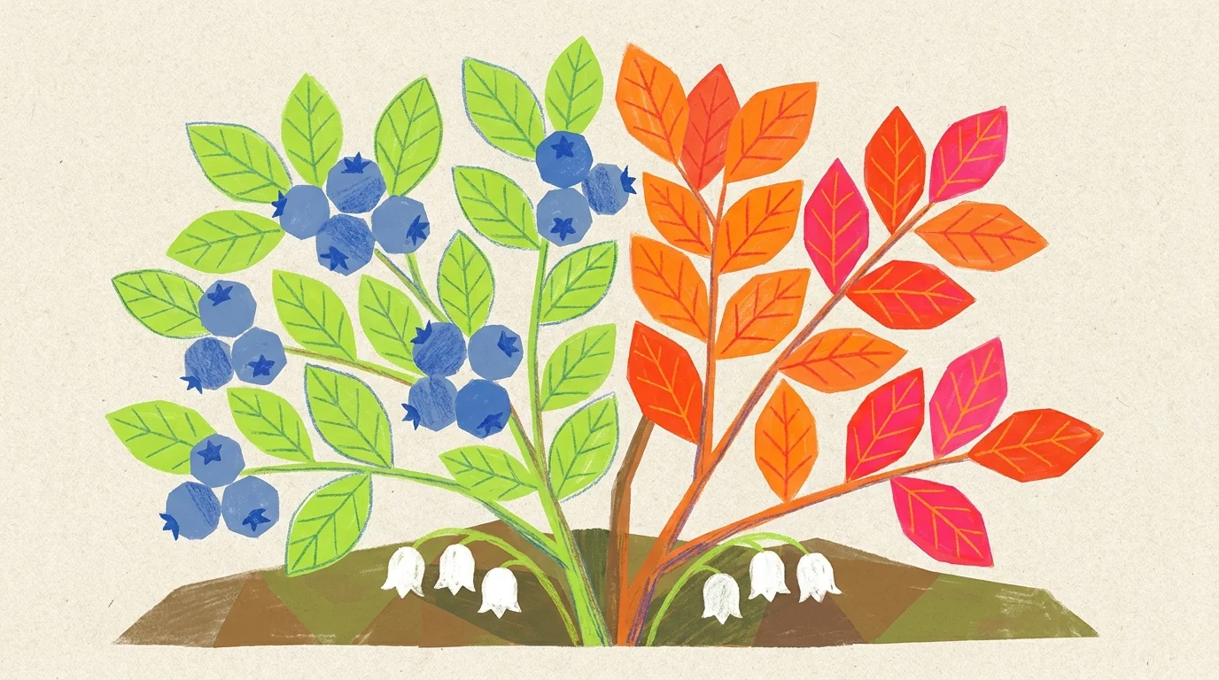A stylized illustration of a blueberry bush showing blue fruit on one side and bright orange autumn leaves on the other.