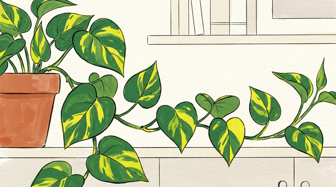 A stylized watercolor illustration of a Pothos vine with variegated yellow and green heart-shaped leaves.
