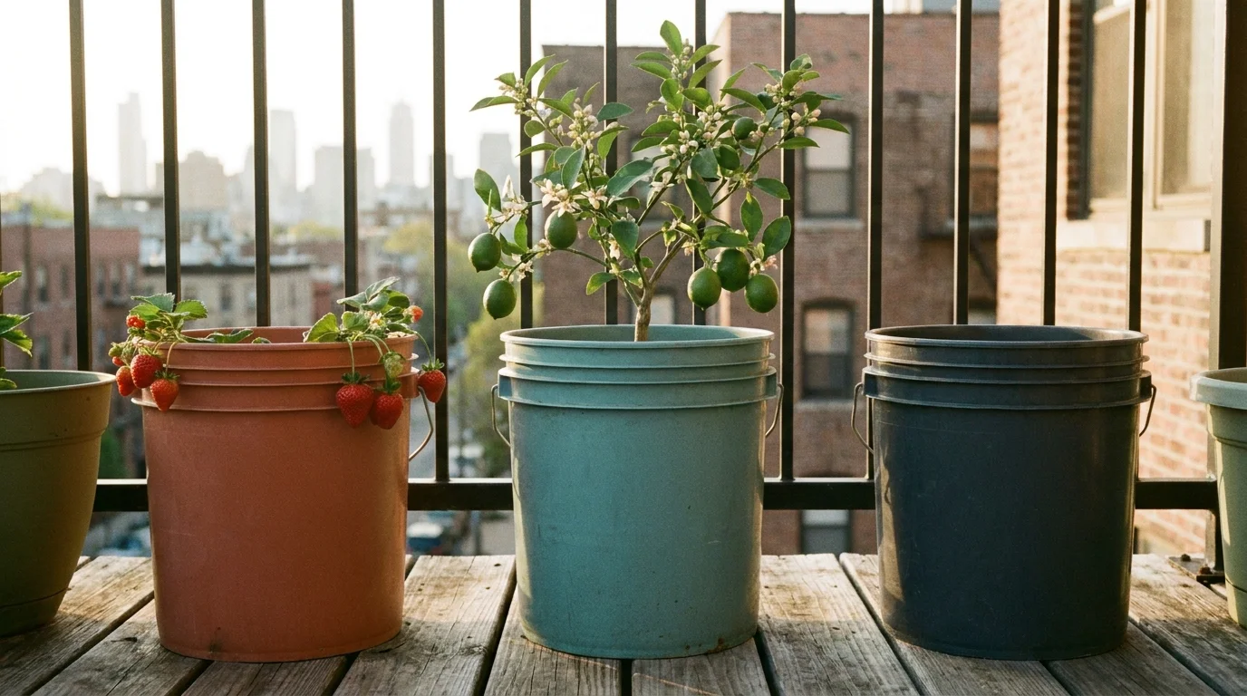 A sun-drenched apartment balcony filled with fruit-bearing trees and plants growing in colorful five-gallon buckets.