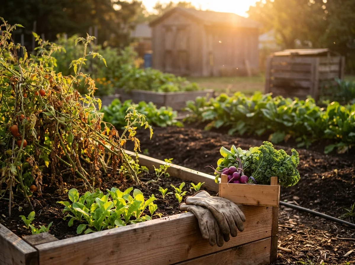A sun-drenched late summer garden with new green sprouts in a raised bed and gardening gloves resting on the edge.
