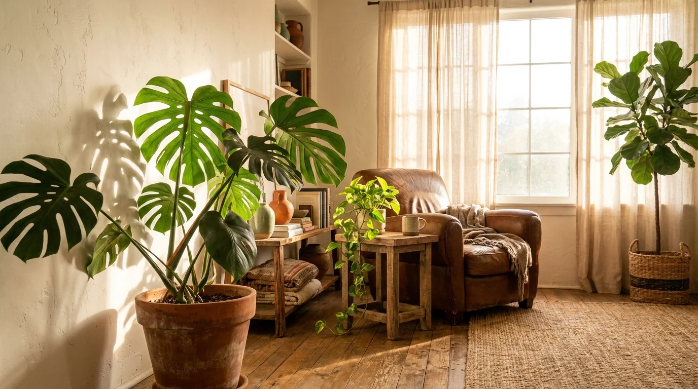 A sun-lit, cozy living room filled with lush houseplants like a Monstera and Fiddle Leaf Fig, creating a serene indoor garden.