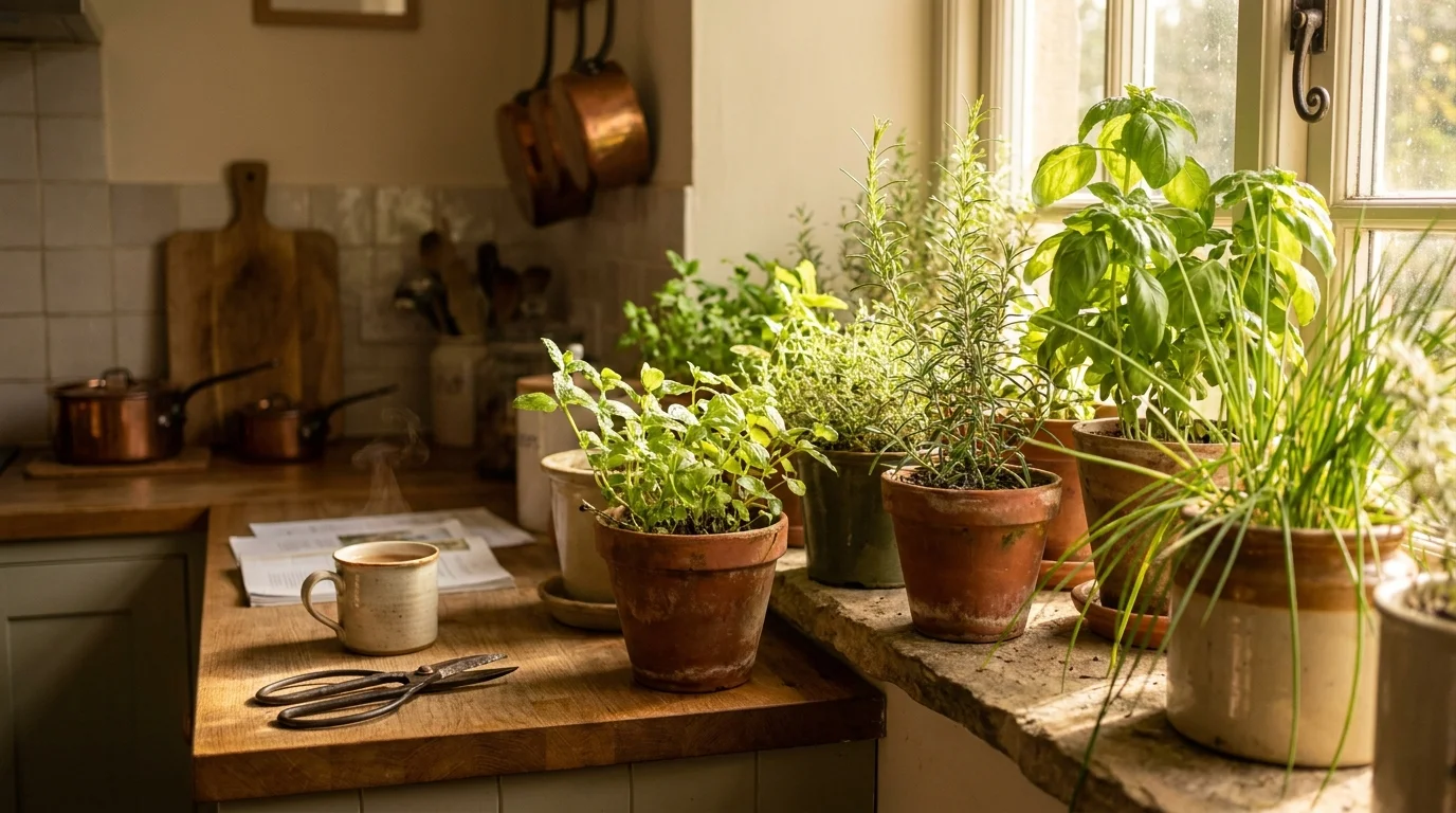 A sunlit kitchen windowsill lined with various potted herbs like basil and chives in a warm, domestic setting.
