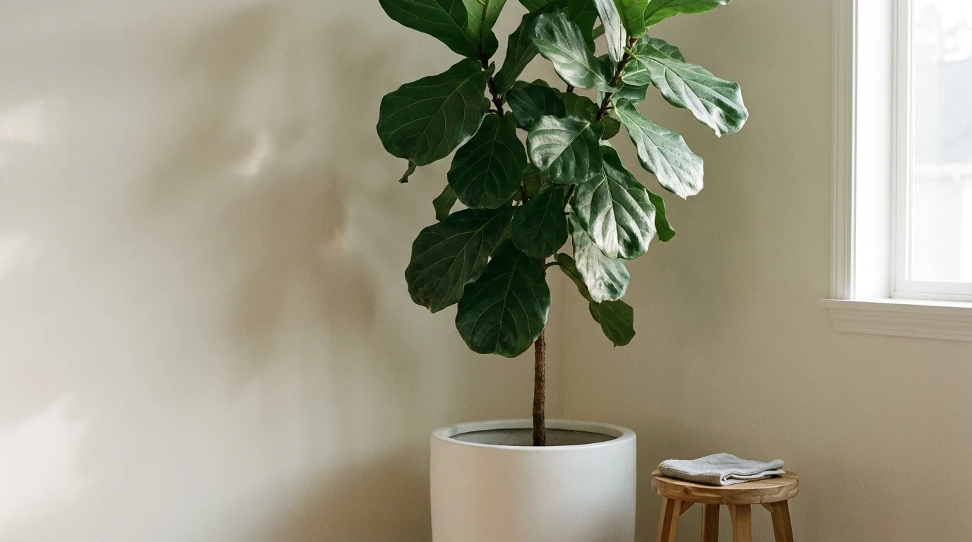 A tall Fiddle Leaf Fig tree with large, violin-shaped leaves stands in a sunlit corner of a modern room.