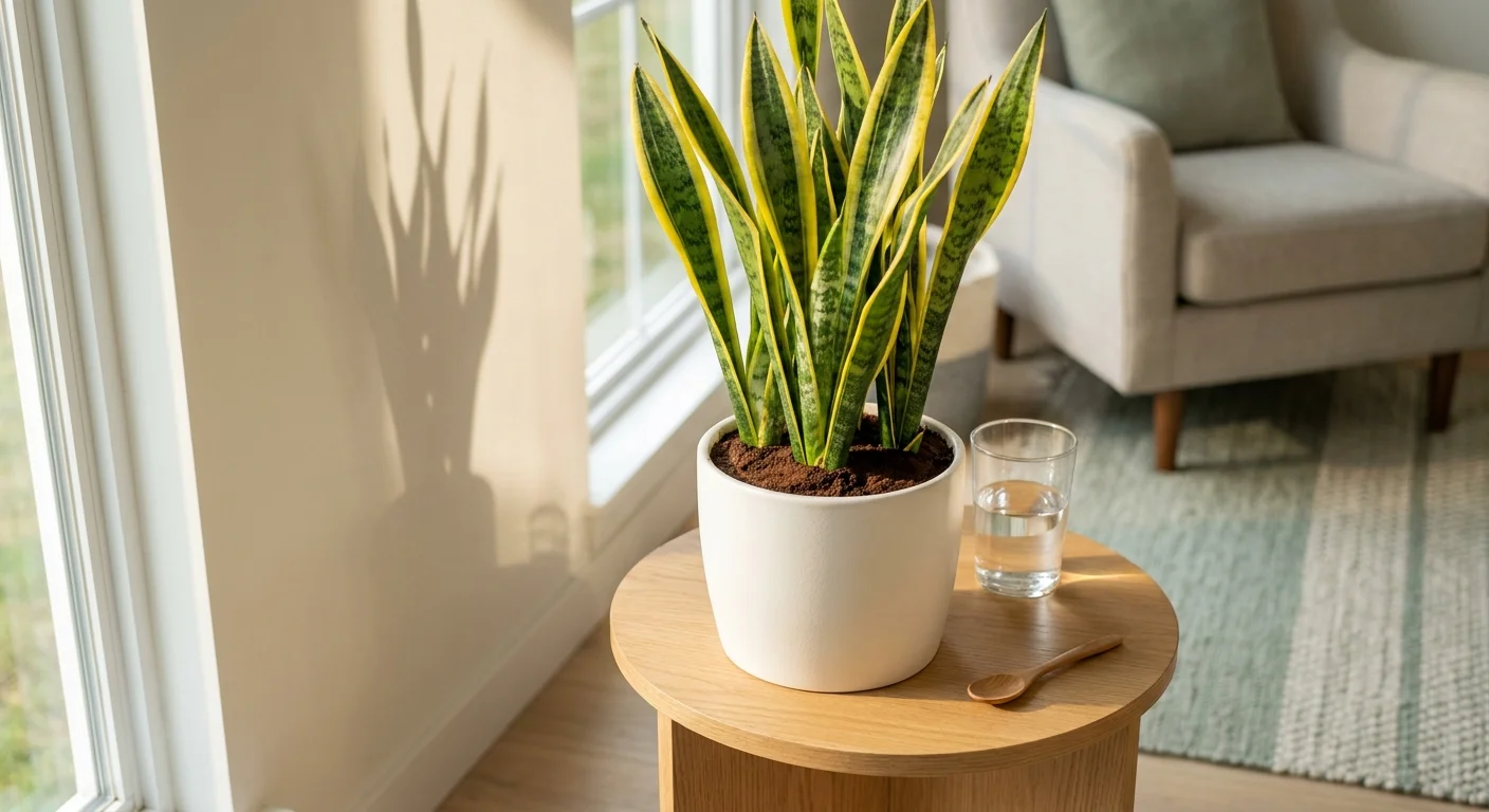 A tall snake plant in a white pot on a wooden table, with a sprinkle of coffee grounds on the soil surface.