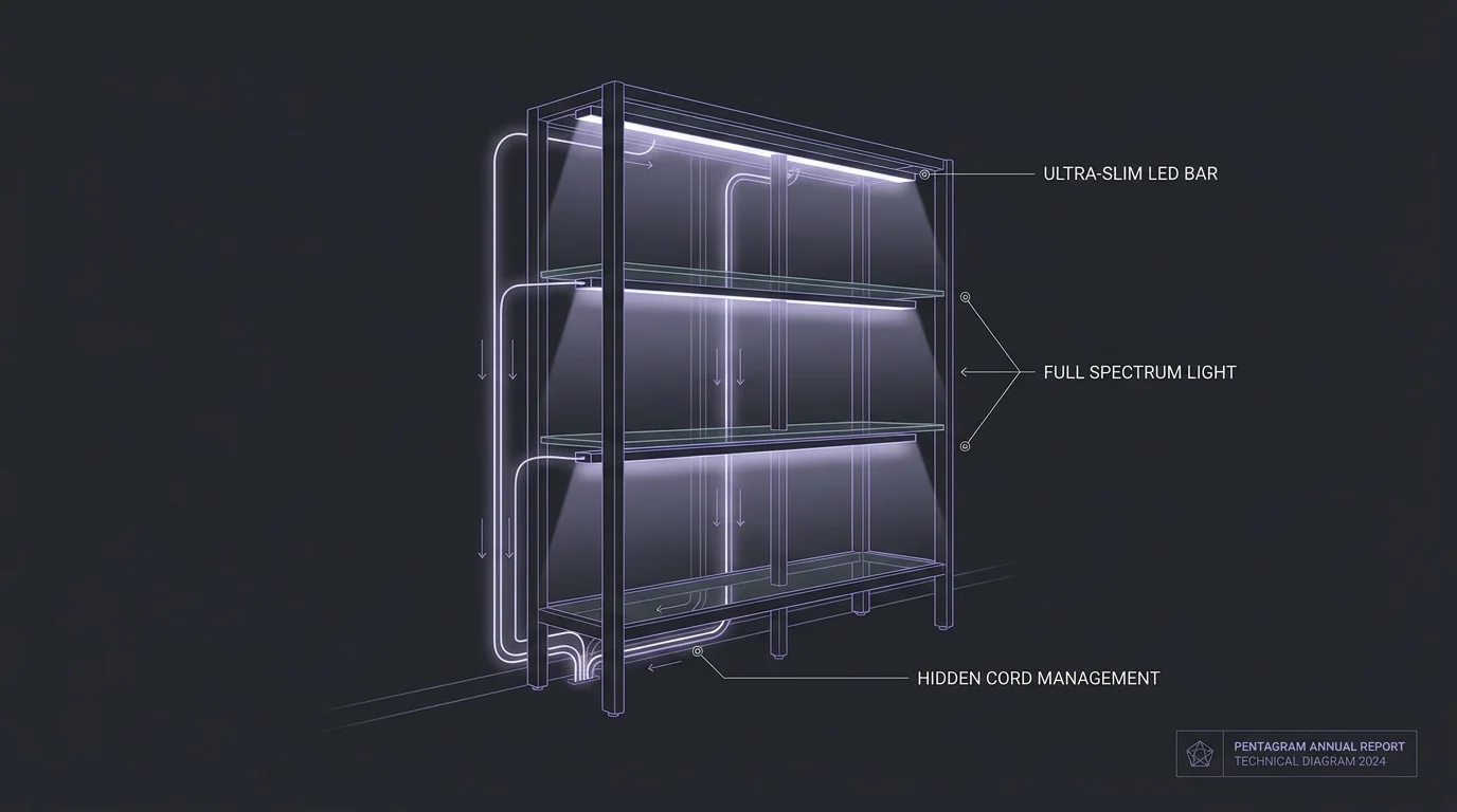 A technical diagram of a plant shelf with hidden LED grow lights and cord management.