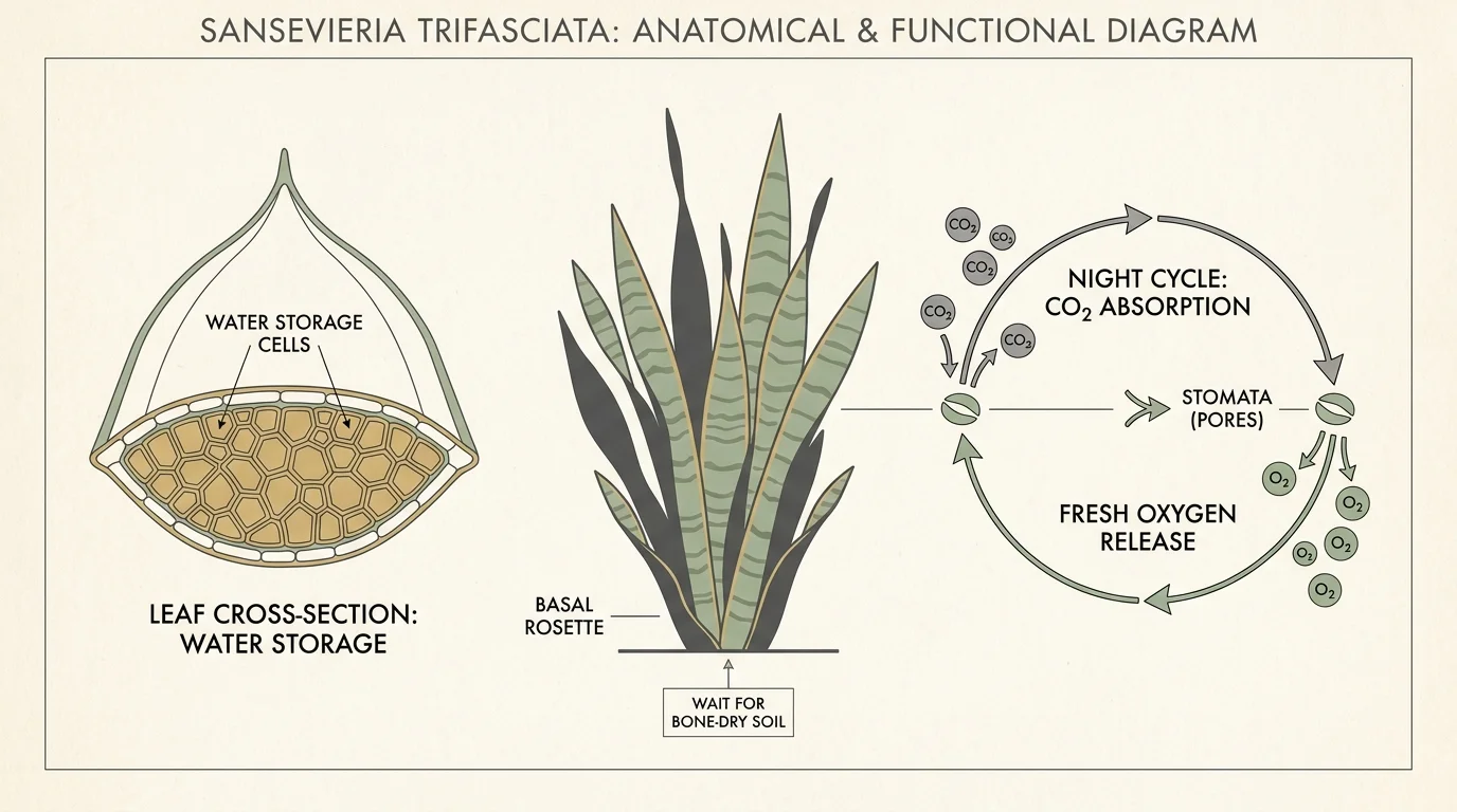 A technical diagram of a Snake Plant illustrating its water storage leaves and night-time oxygen production cycle.