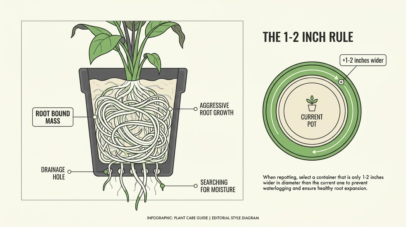 A technical diagram showing a cross-section of a root-bound plant with roots exiting drainage holes and a pot sizing guide.