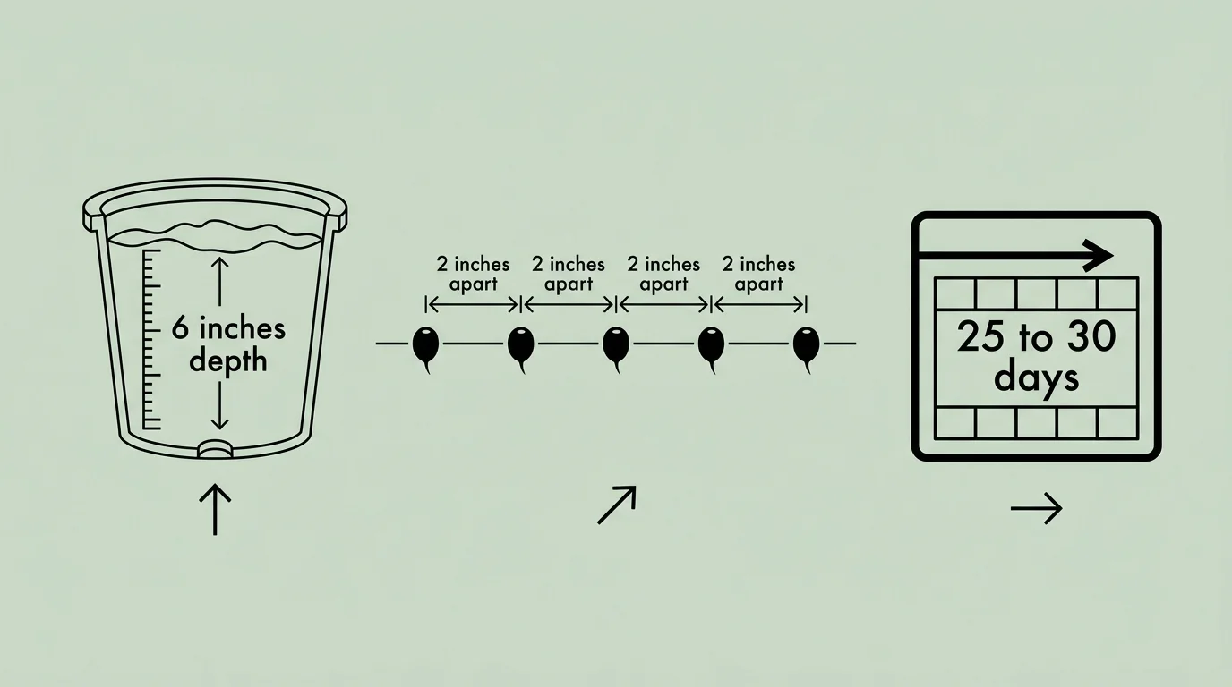 A technical diagram showing the 6-inch pot depth and 25-30 day harvest cycle required for indoor radishes.
