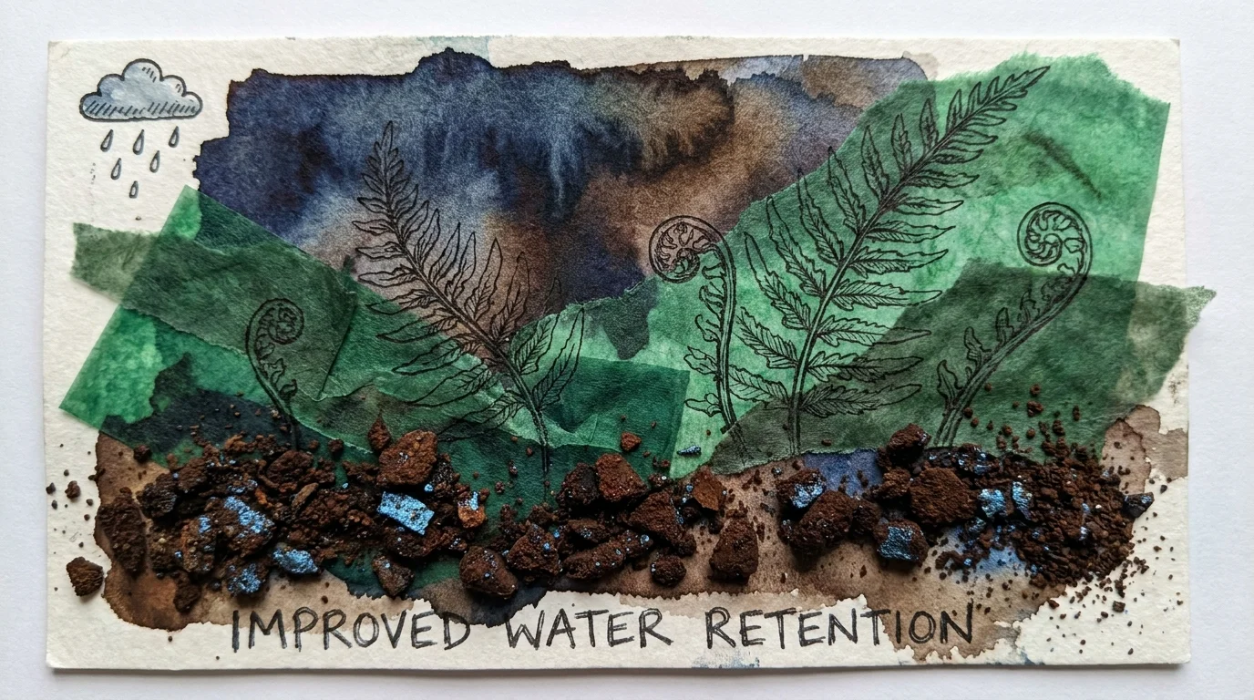 A textured artwork showing fern fronds growing in dark, moisture-rich soil enriched with coffee grounds.