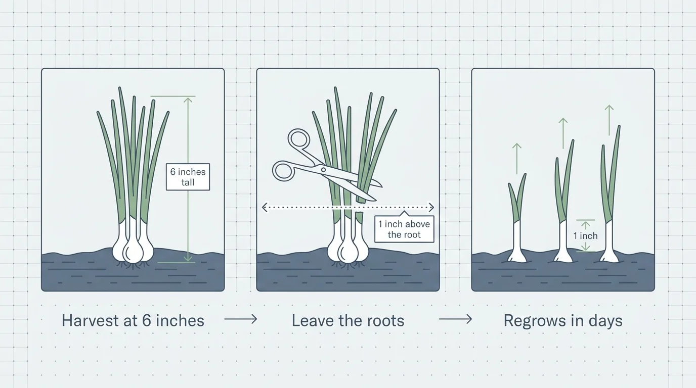 A three-step diagram showing how to harvest green onions so they grow back from the roots.