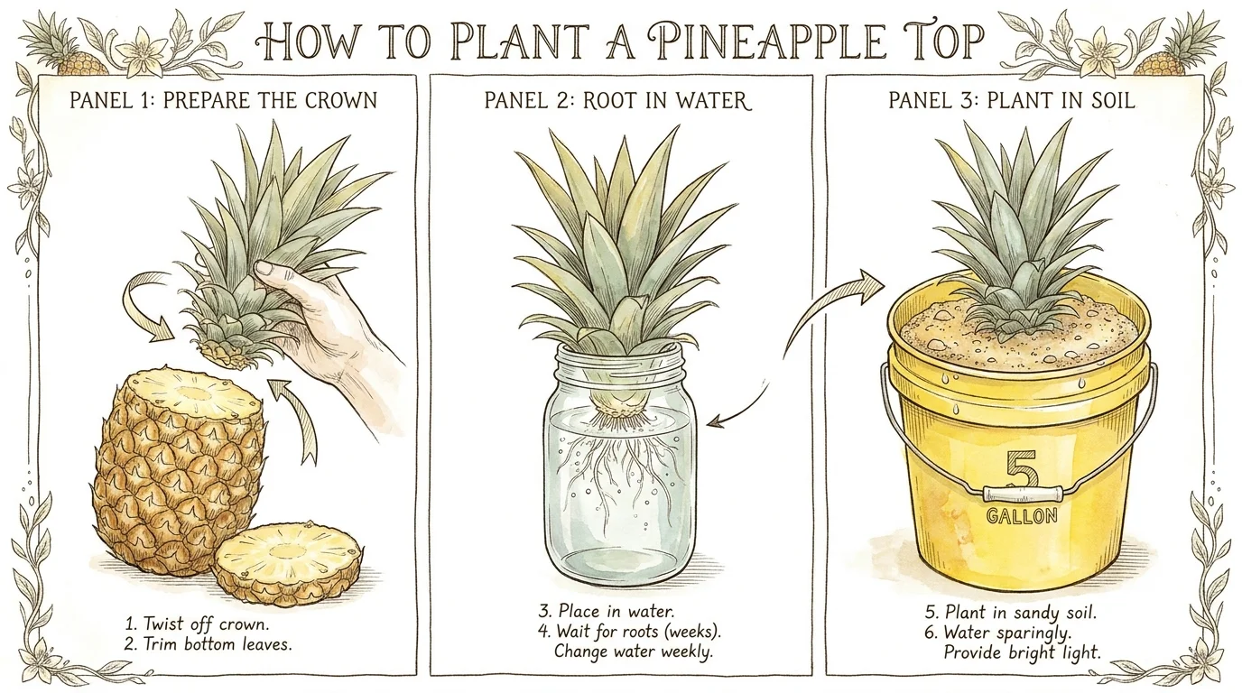 A three-step illustration showing how to sprout and plant a pineapple crown in a bucket.