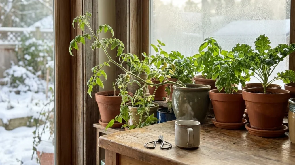 A thriving indoor windowsill garden with various potted vegetables on a kitchen counter during a sunny winter morning.