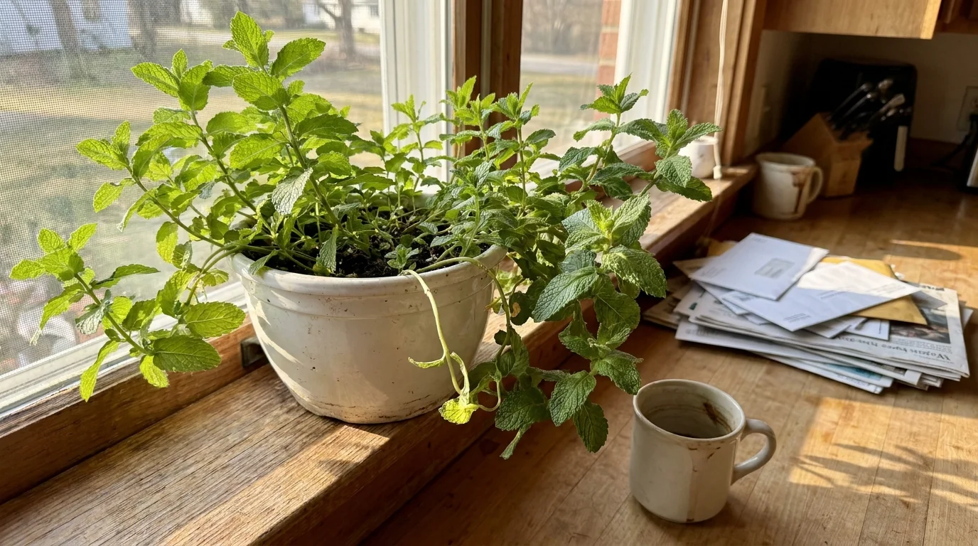 A thriving mint plant in a white pot on a sunny kitchen windowsill next to a coffee mug.
