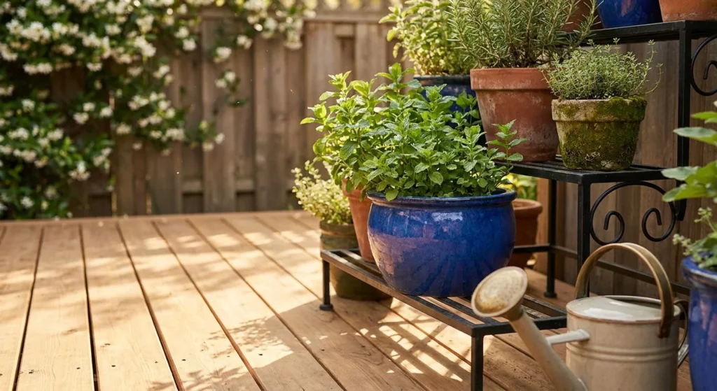 A tiered plant stand on a sunny wooden patio filled with herbs like mint and rosemary in colorful ceramic and terra cotta pots.