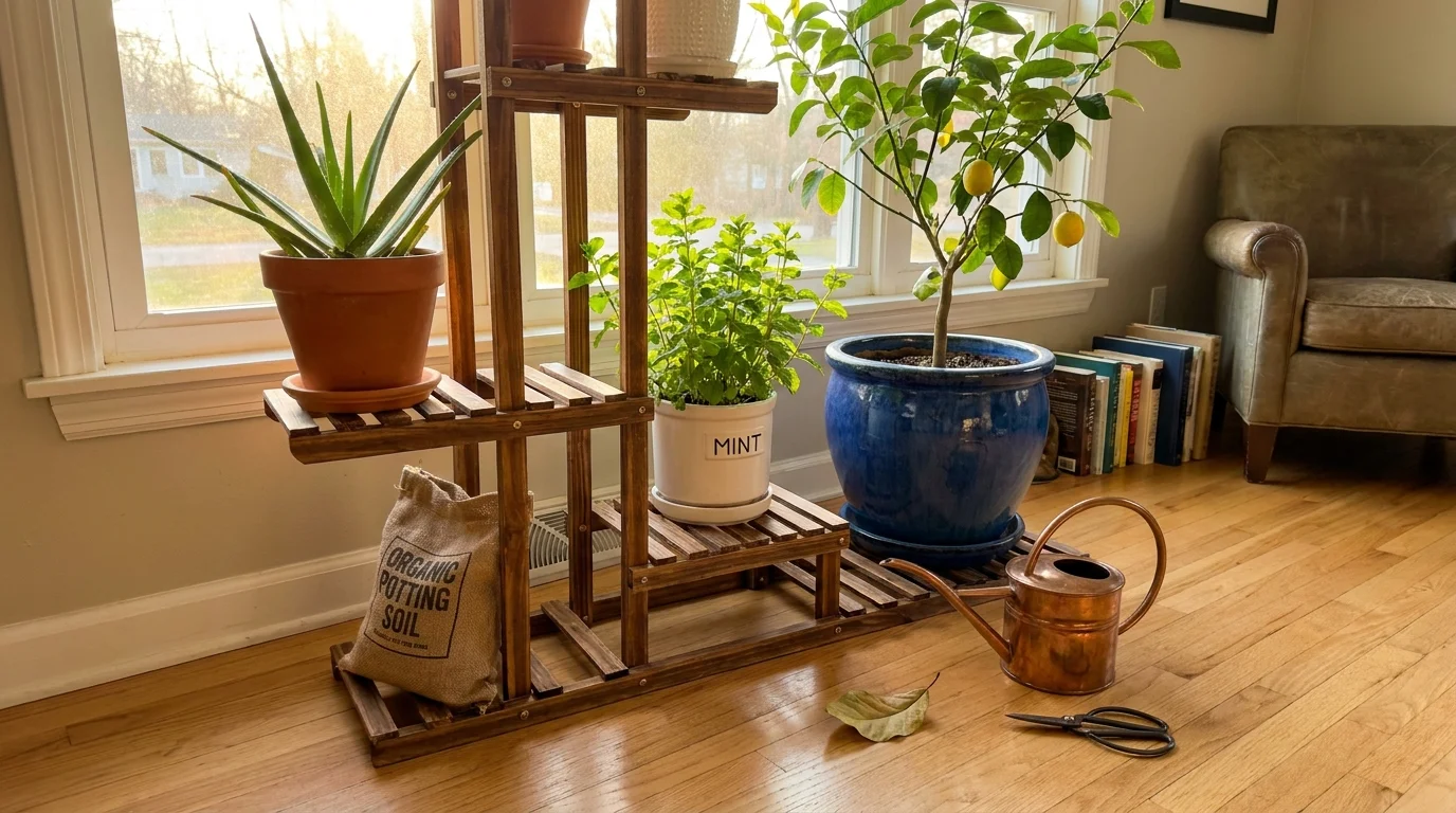 A tiered plant stand with various potted plants in a sunny room, showing how to style them together.