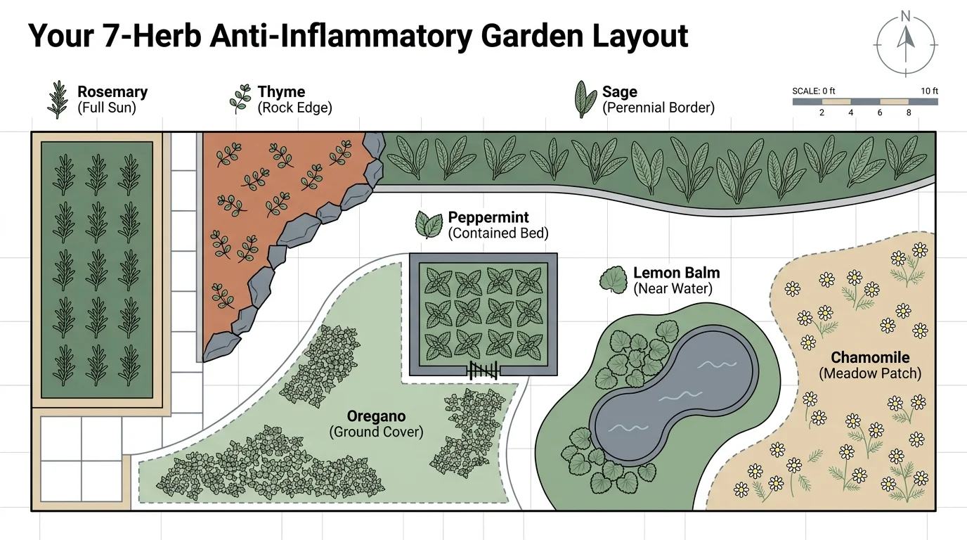 A top-down garden plan diagram showing where to plant rosemary, thyme, oregano, mint, sage, lemon balm, and chamomile.