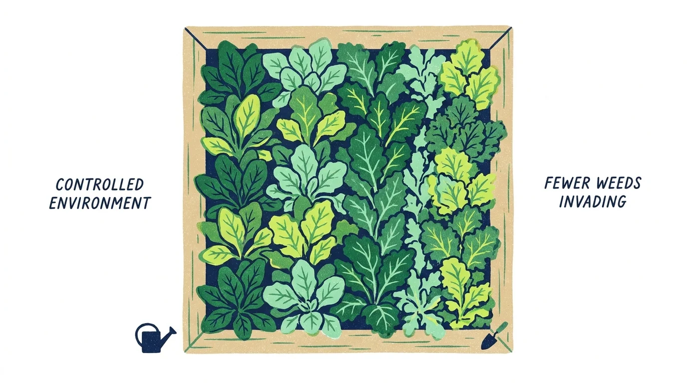 A top-down risograph illustration of a raised bed densely packed with healthy spinach and leafy greens, free from weeds.