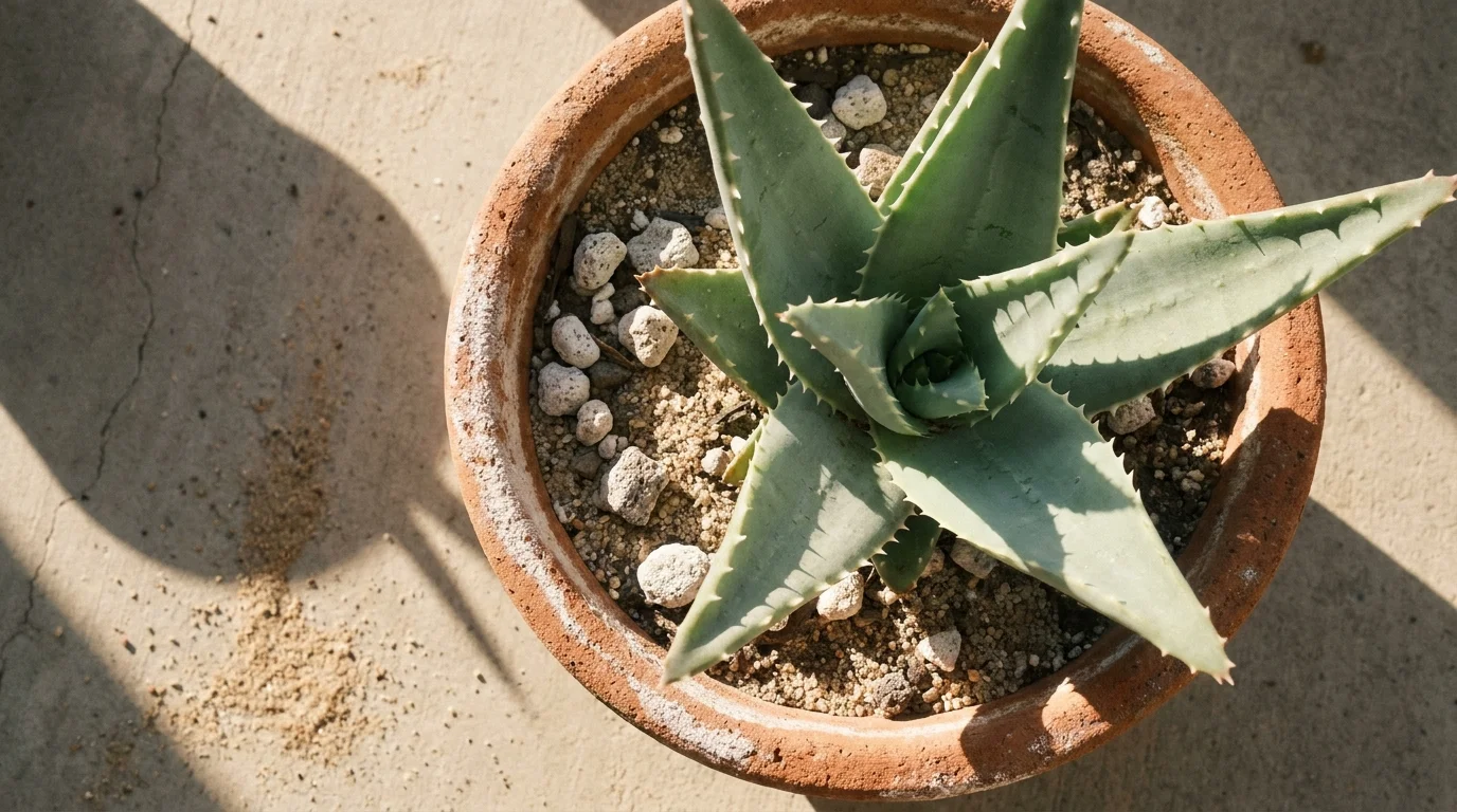 A top-down view of an Aloe Vera plant in a terracotta pot, showing the sandy soil and thick succulent leaves.