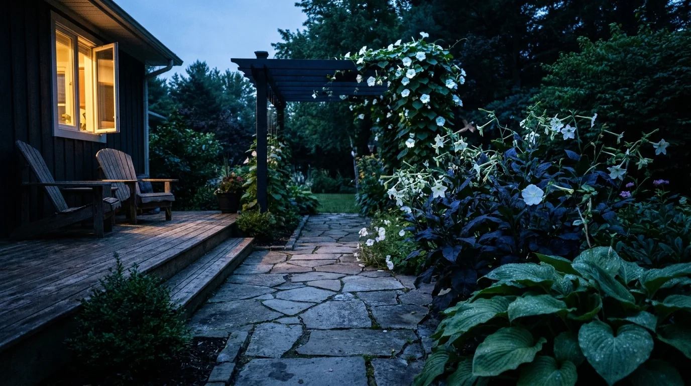 A tranquil backyard moon garden at dusk with white flowers glowing in the twilight next to a stone path and patio.