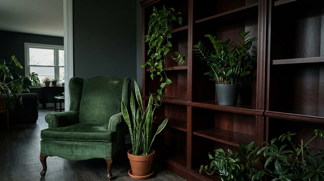 A variety of lush indoor plants thriving in a dimly lit, cozy living room corner with a velvet chair and wooden bookshelf.