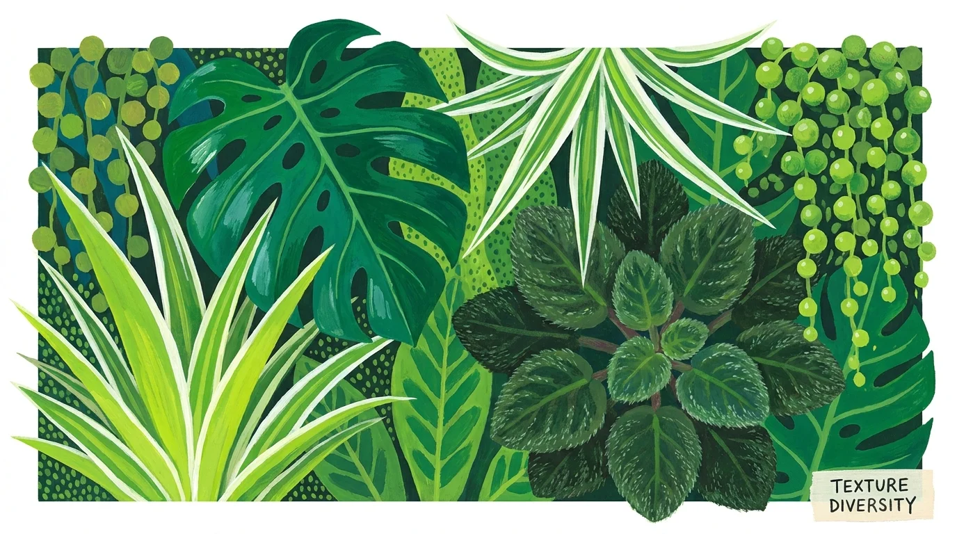 A vibrant botanical illustration showing a variety of leaf shapes, from broad and holy to thin and striped.