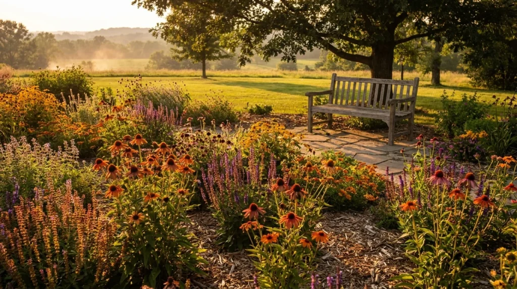 A vibrant, sun-drenched summer garden bed with heat-resistant flowers glowing in the golden hour light.