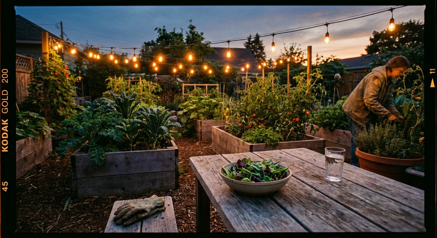A warm, nostalgic film photo of a backyard garden at twilight with string lights and a fresh salad on a table.