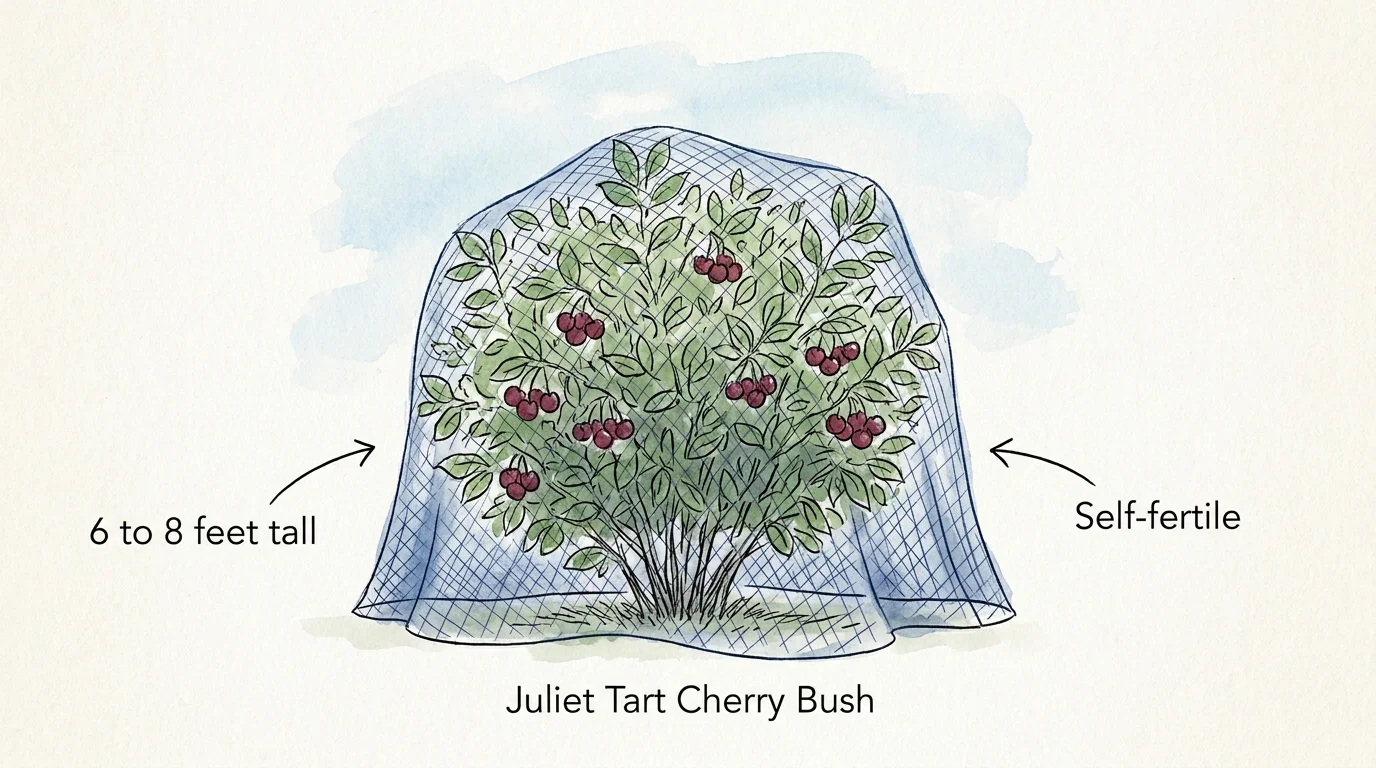 A watercolor illustration of a 7-foot tall cherry bush covered in a bird net, labeled for height and self-fertility.