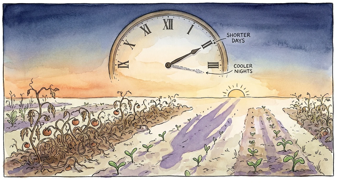 A watercolor illustration of a garden at sunset with a clock symbol representing the shorter days of late summer.