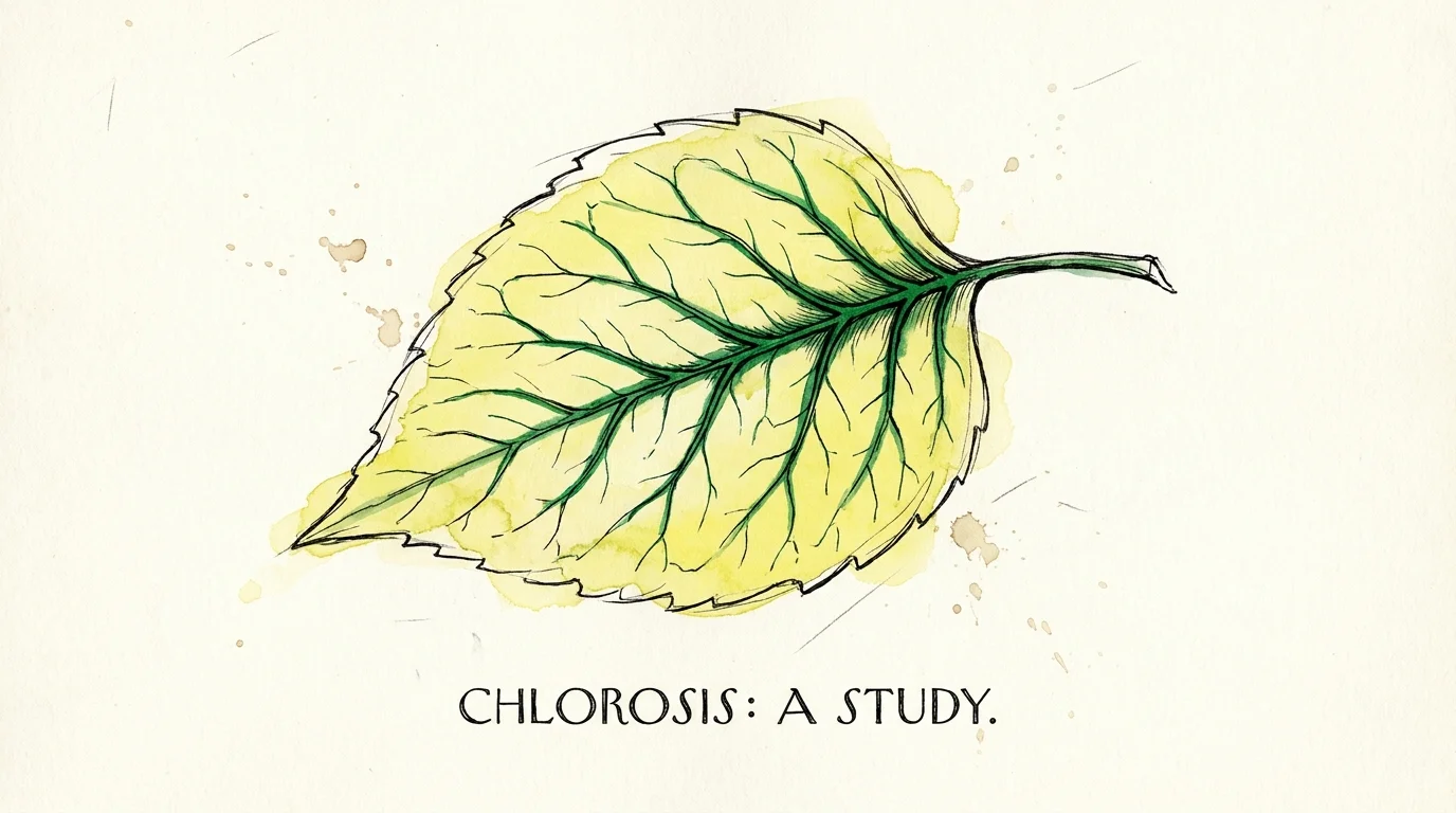 A watercolor illustration of a plant leaf with yellowing tissue and dark green veins.