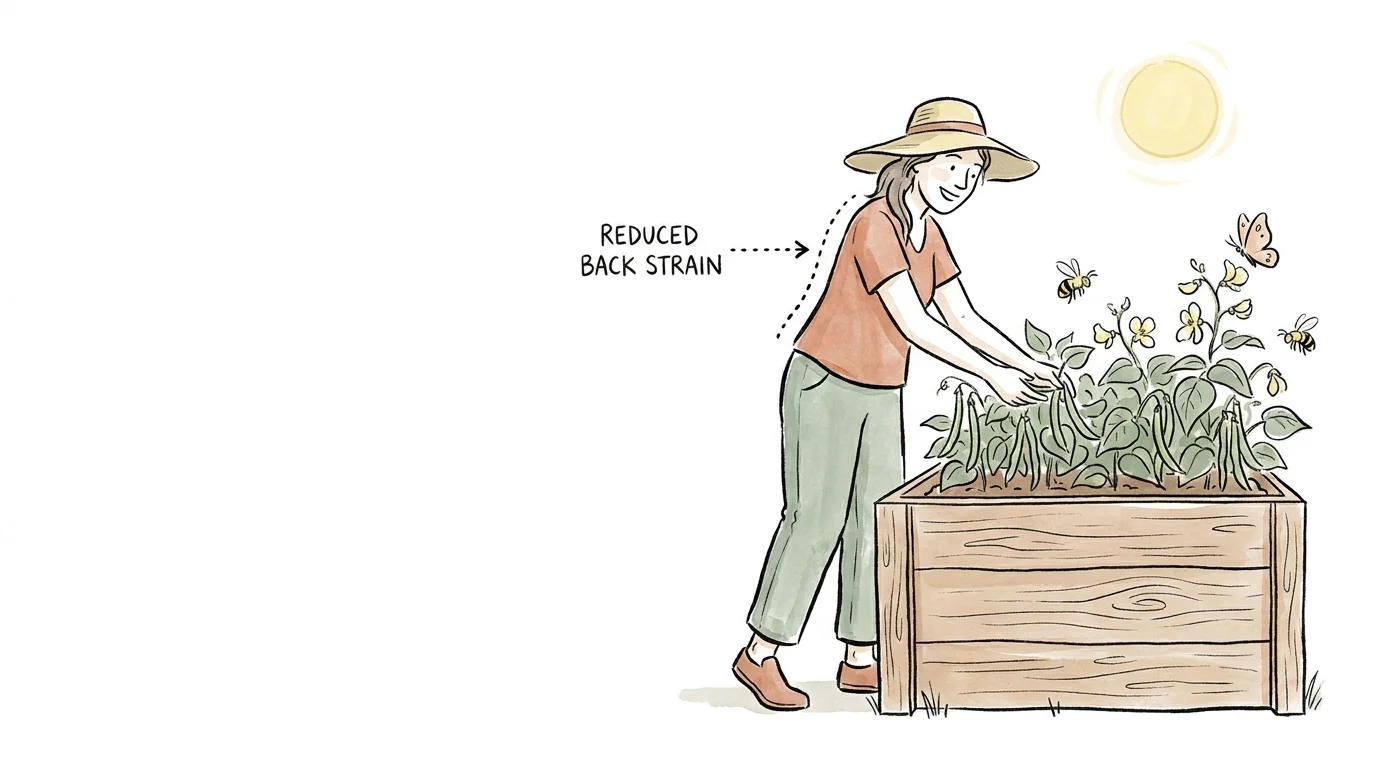 A watercolor illustration of a woman easily harvesting beans from a tall raised bed without needing to bend down.