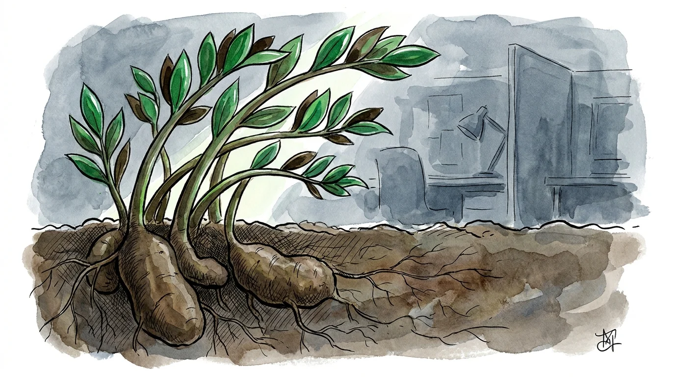 A watercolor illustration of a ZZ plant showing its glossy leaves above ground and potato-like water storage rhizomes below.