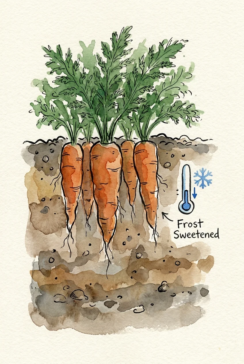 A watercolor illustration of carrots growing underground with a thermometer showing falling temperatures.