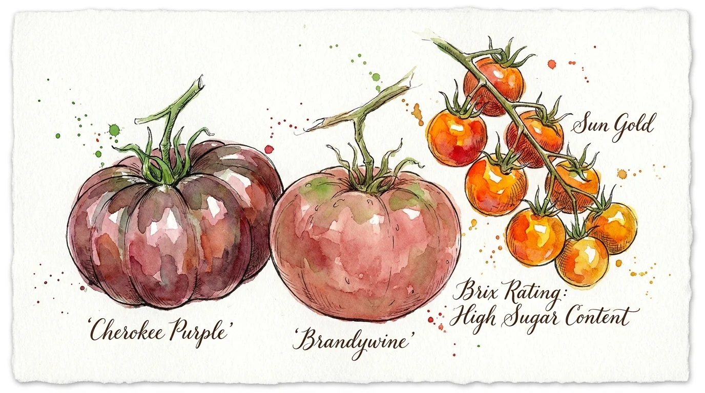 A watercolor illustration of Cherokee Purple, Brandywine, and Sun Gold tomatoes with hand-lettered text about sugar content.