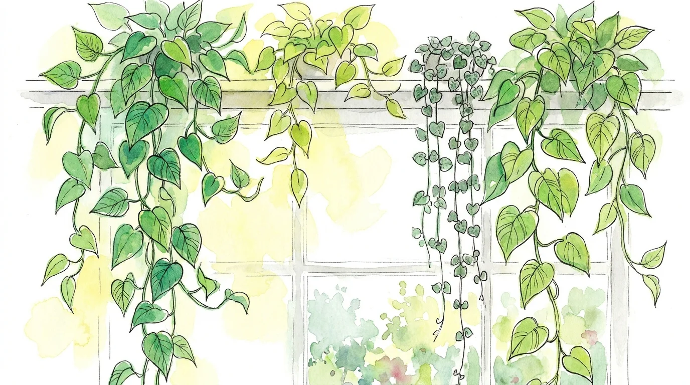 A watercolor illustration of long, green plant vines hanging down from a shelf like a curtain.