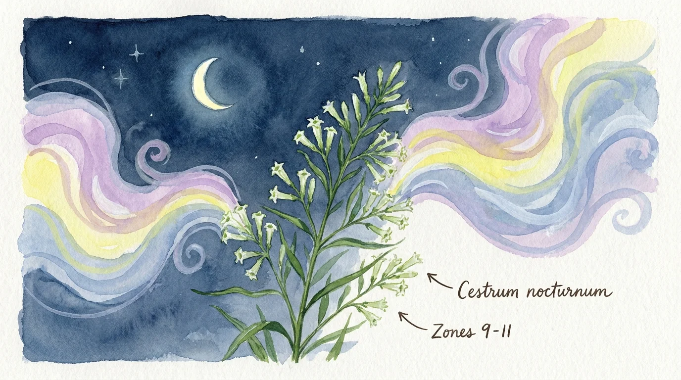 A watercolor illustration of night-blooming jasmine with visible scent trails drifting through the night air.