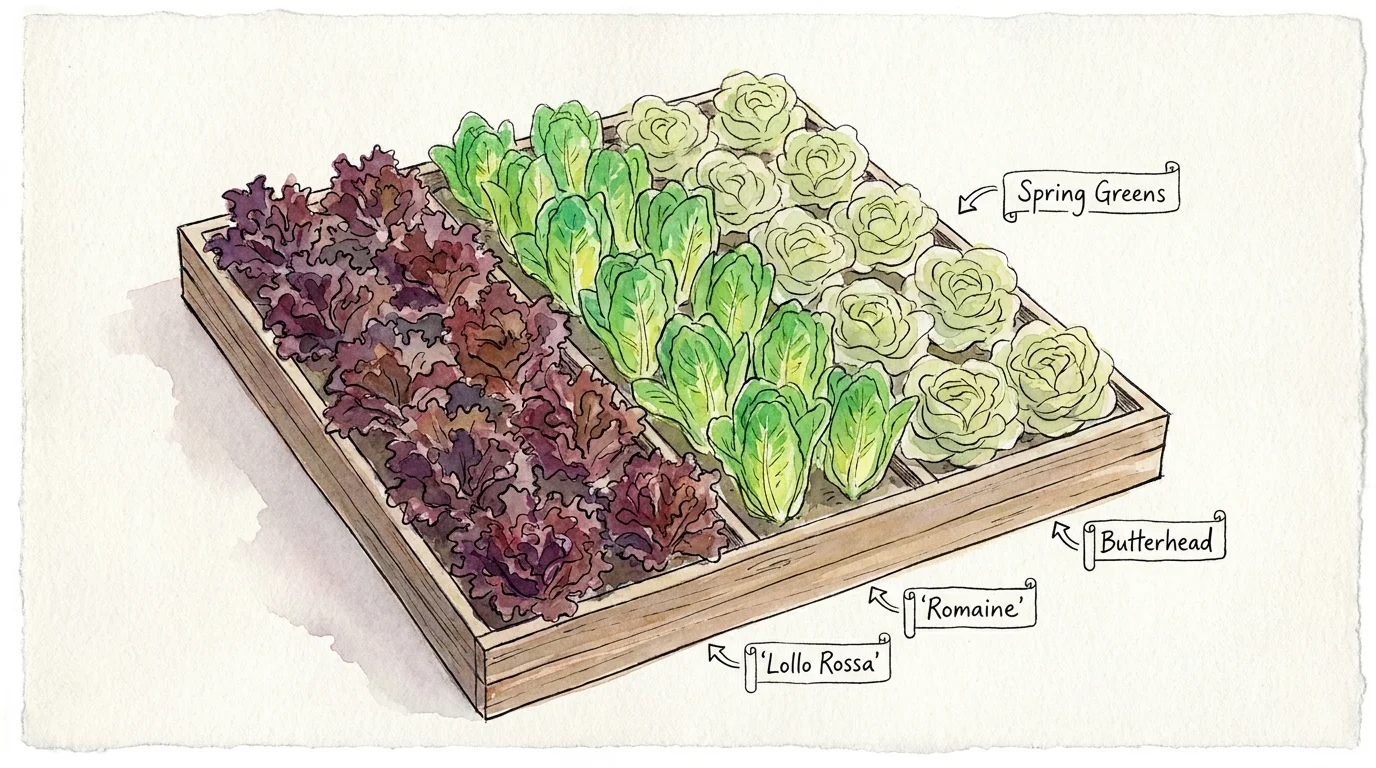 A watercolor illustration of rows of different lettuce types, including red and green varieties, in a garden bed.