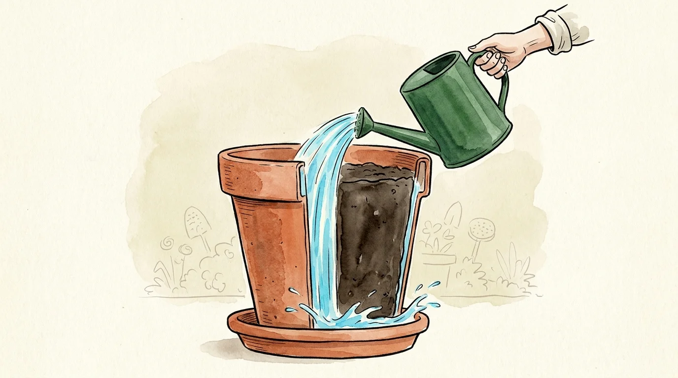A watercolor illustration of water flowing down the sides of a pot and into a saucer without soaking the soil.