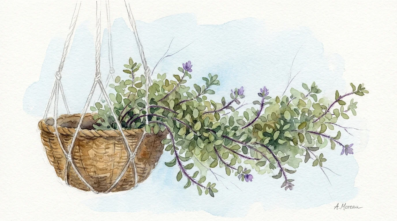 A watercolor painting of an oregano plant trailing out of a hanging basket with small green leaves and purple stems.