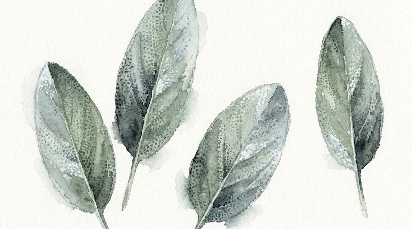 A watercolor painting of silvery-green sage leaves, highlighting their velvety and pebbled texture.