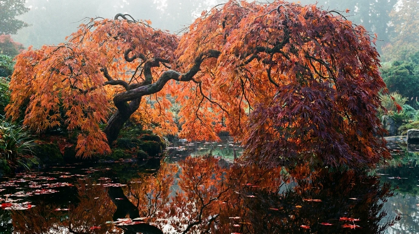 A weeping Japanese Maple tree with brilliant red and orange leaves reflected in a quiet garden pond.