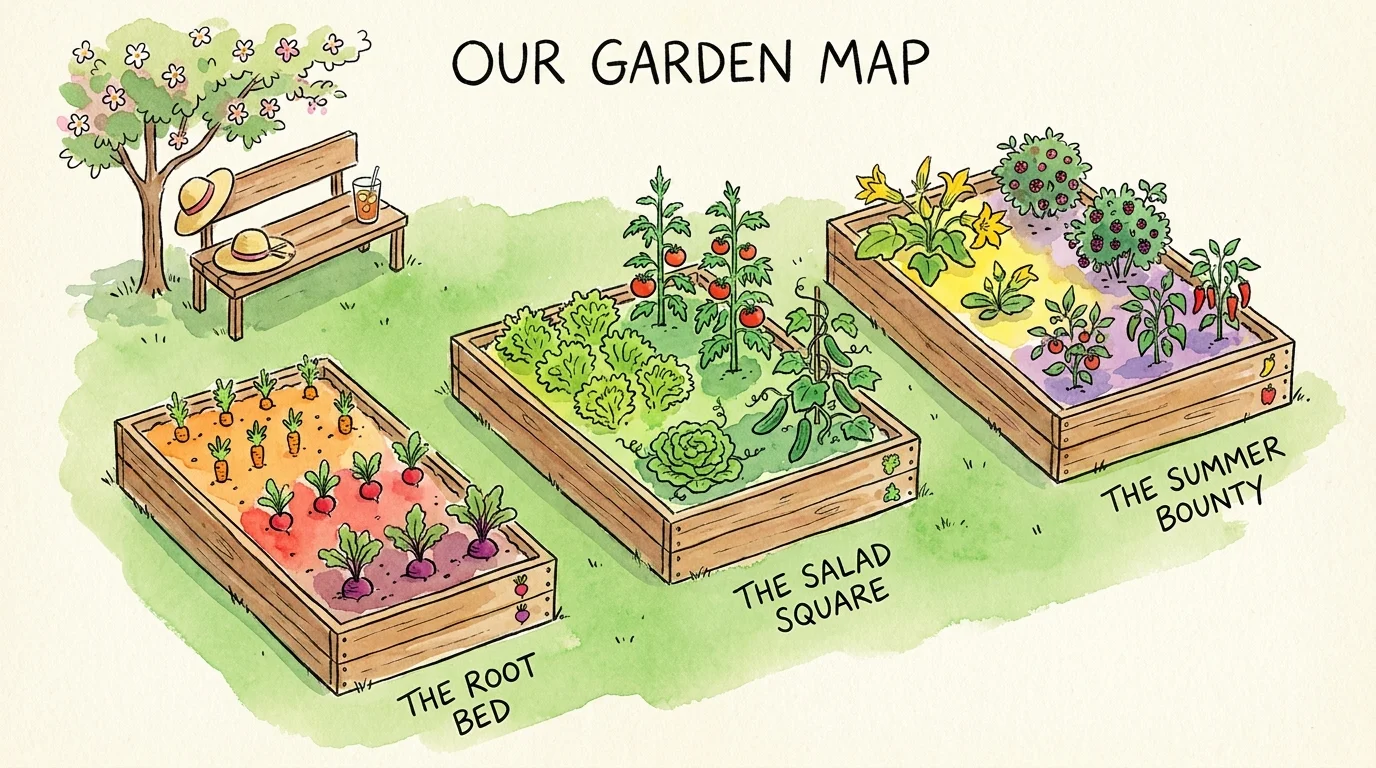 A whimsical watercolor map showing three labeled raised beds in a backyard with a sun hat and iced tea nearby.