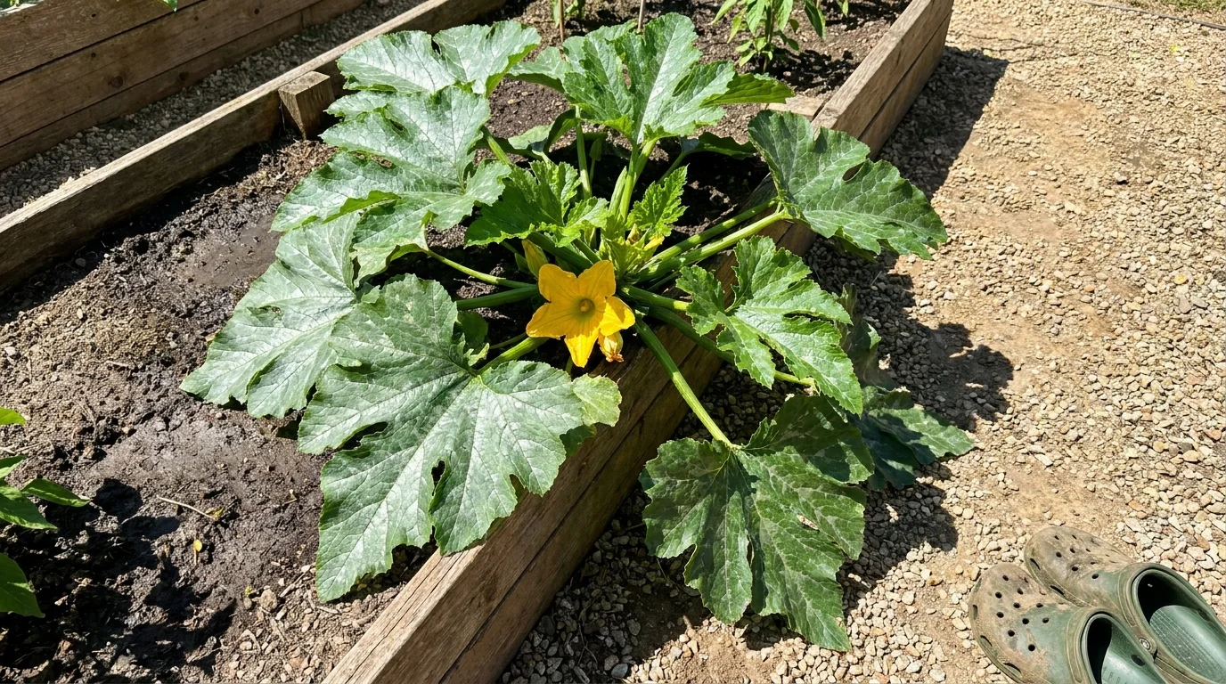A wide-angle photo of a large zucchini plant with giant leaves spilling over the edge of a raised garden bed.