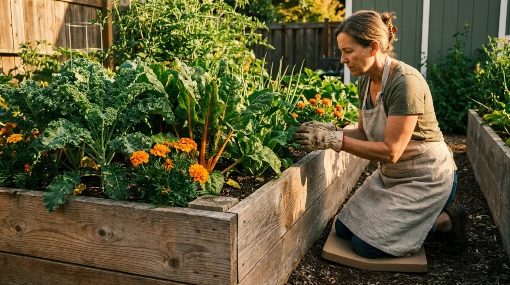 A woman in a linen apron tends to a lush raised bed garden filled with vegetables and flowers during a golden sunset.