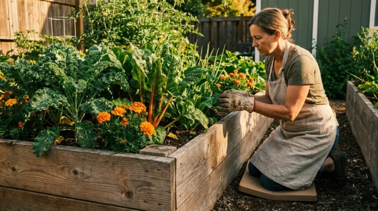 A woman in a linen apron tends to a lush raised bed garden filled with vegetables and flowers during a golden sunset.