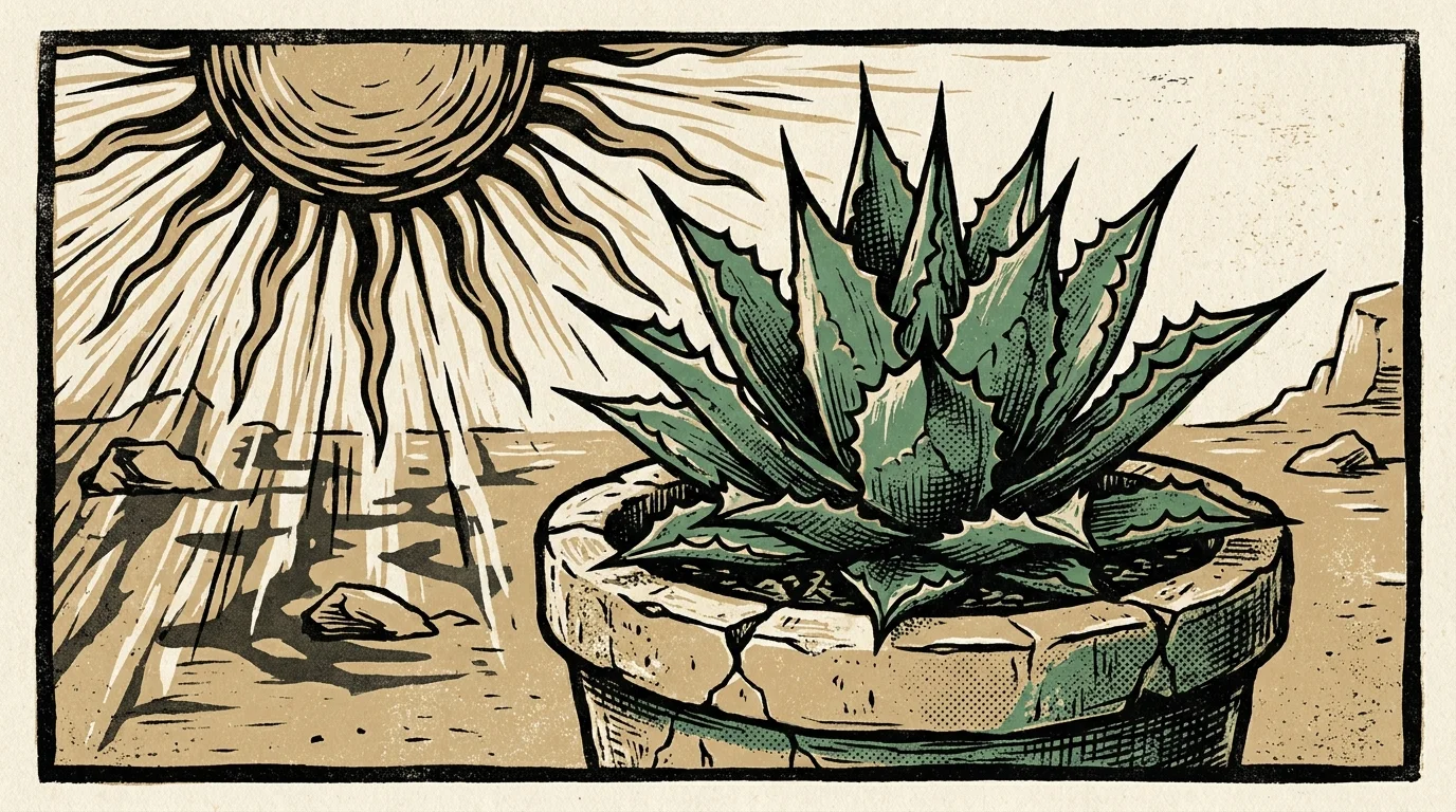 A woodcut illustration of a sharp, structural agave plant in a stone pot under a bright sun.