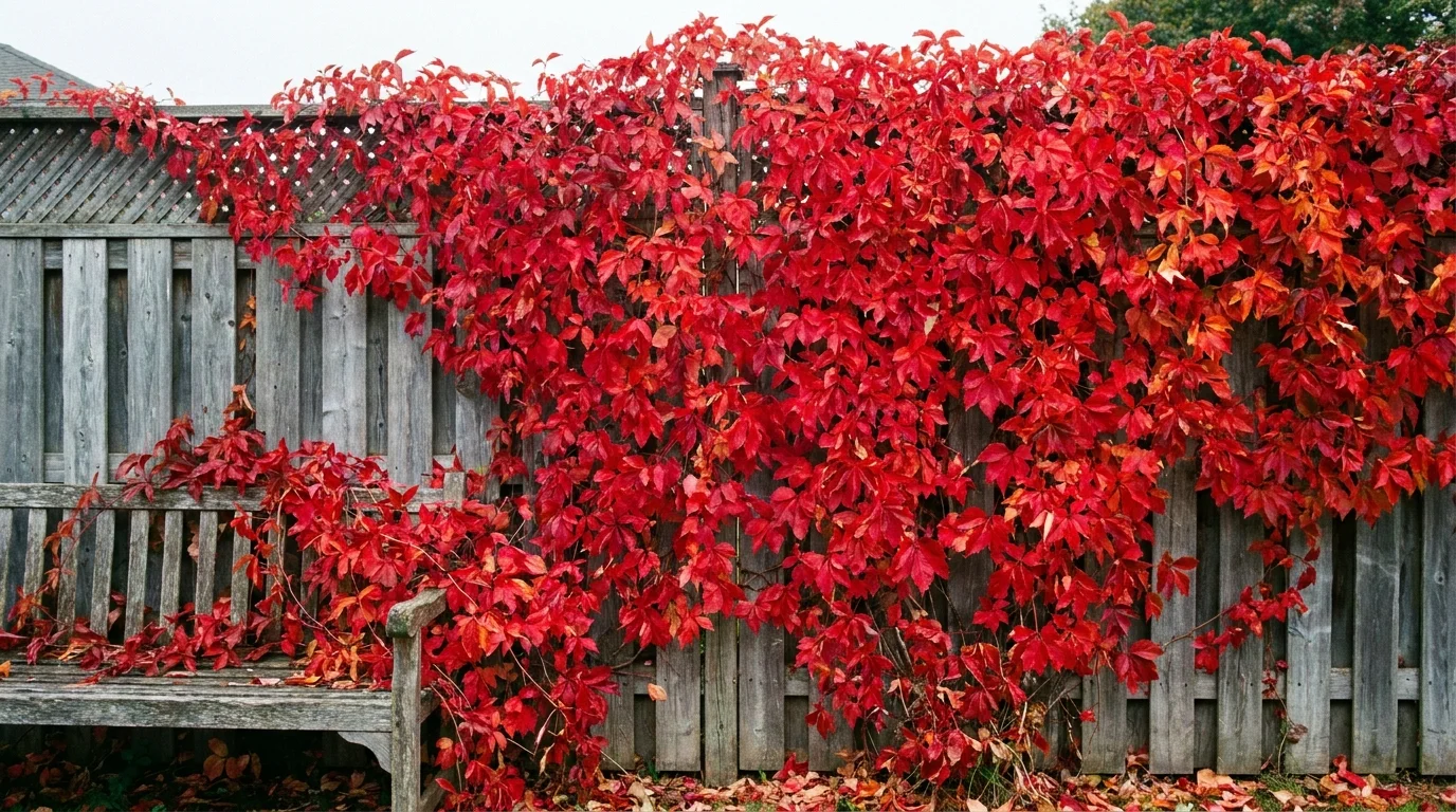 A wooden garden fence entirely covered in the brilliant red autumn leaves of a Virginia Creeper vine.