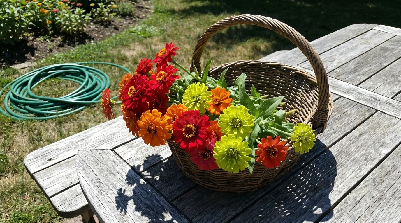 A woven basket filled with colorful freshly cut zinnias on a wooden garden table in bright sunlight.