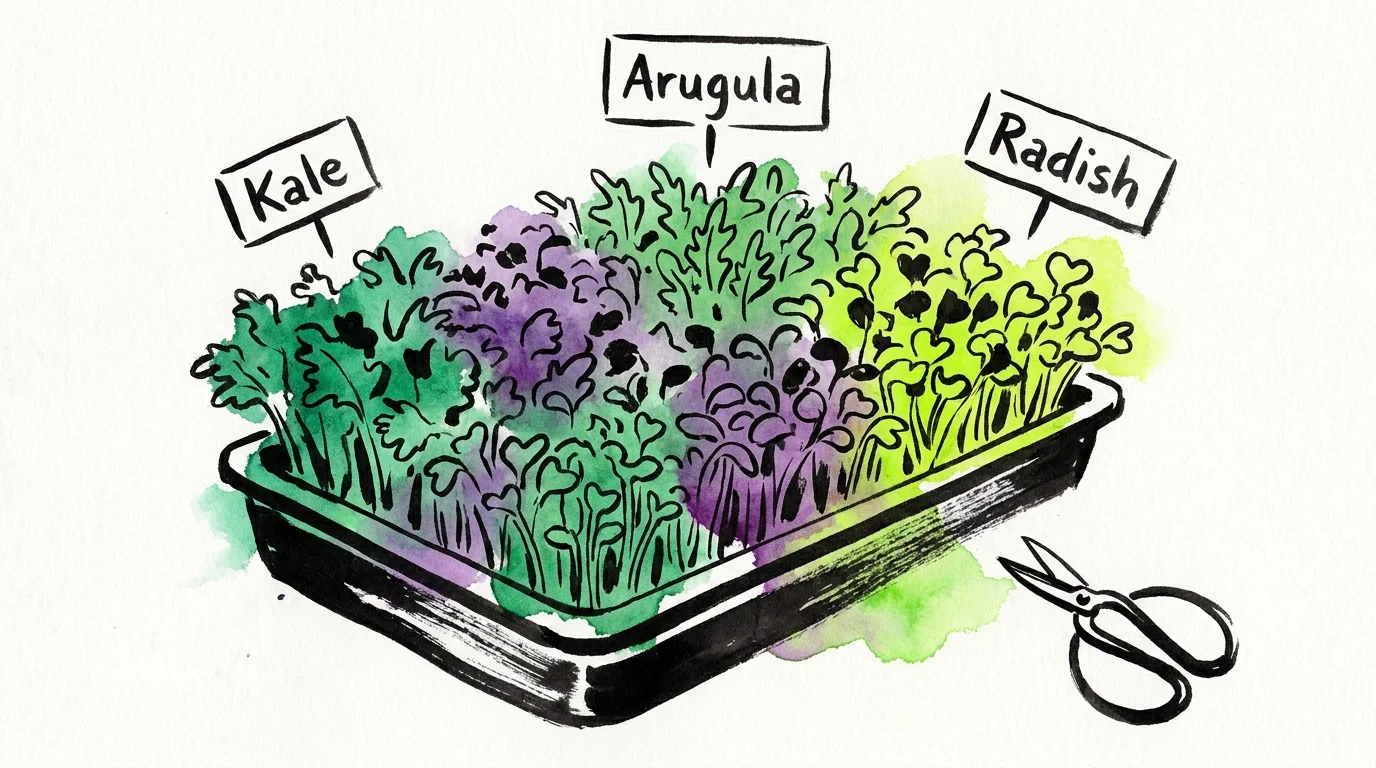 An artistic watercolor illustration of a diverse tray of colorful microgreens ready for harvest.