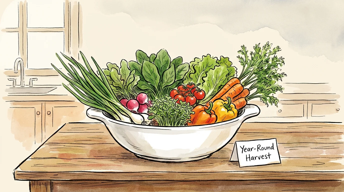 An illustration of a bowl filled with various freshly harvested indoor vegetables on a kitchen table.